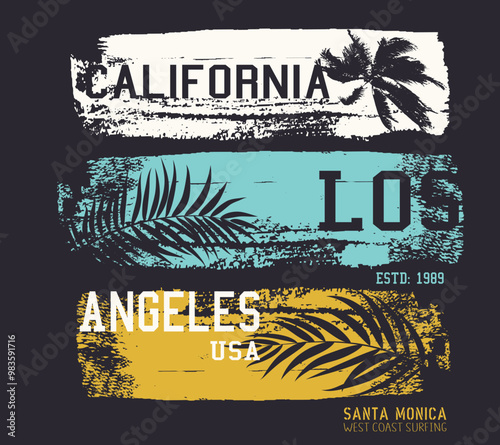 California, Los Angeles t-shirt design. T shirt print design with palm tree. T-shirt design with typography and tropical palm tree for tee print, apparel and clothing. Vector
