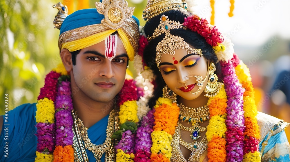 Wish card featuring Rama Sita with vibrant colorful garlands symbolizing Hindu beliefs in love and duty Wish card featuring Rama Sita with vibrant colorful garlands symbolizing Hindu beliefs in love and duty