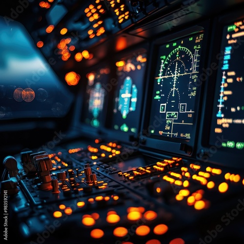 Cockpit display with glowing instruments and vibrant screens in a modern aircraft.