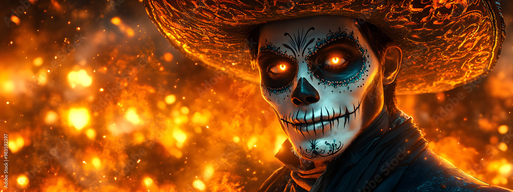 A Mexican Day of the Dead Character Dressed in an Ornate and Colorful Costume, Celebrating the Traditional Dia de los Muertos Festival with Intricate Face Makeup and Decorations
A Mexican Day of the Dead Character Dressed in an Ornate and Colorful Costume, Celebrating the Traditional Dia de los Muertos Festival with Intricate Face Makeup and Decorations