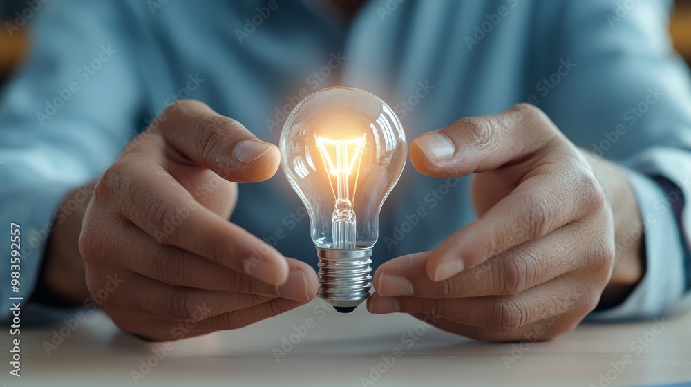 A person holds a glowing light bulb, symbolizing creativity, ideas, and innovation in a focused environment.