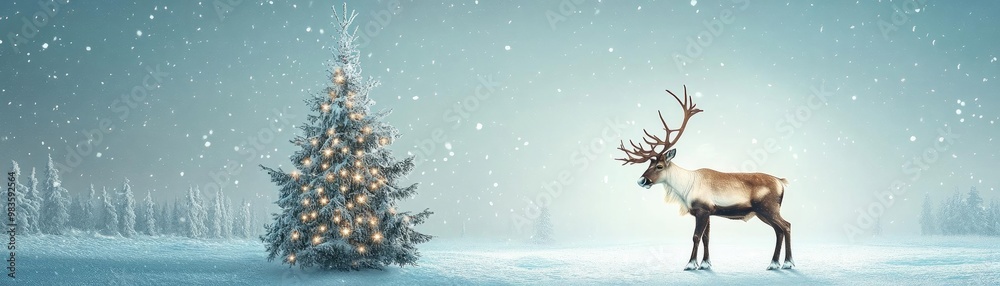 A serene winter scene featuring a reindeer and a beautifully lit Christmas tree amidst falling snow. A serene winter scene featuring a reindeer and a beautifully lit Christmas tree amidst falling snow.