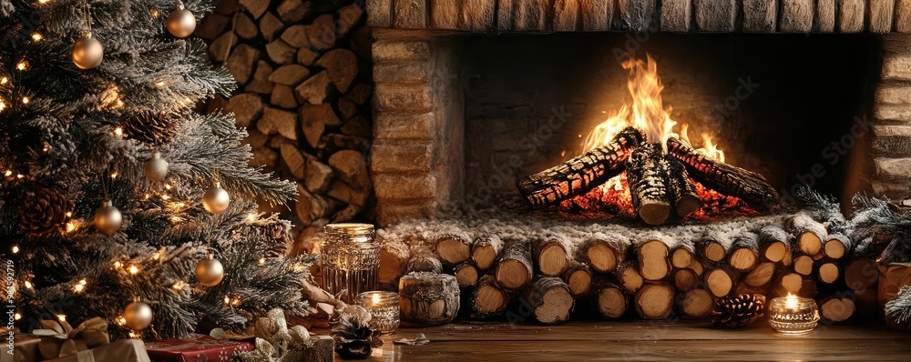 Fototapeta premium A cozy Christmas setting featuring a beautifully decorated tree by a warm fireplace, perfect for holiday ambiance.