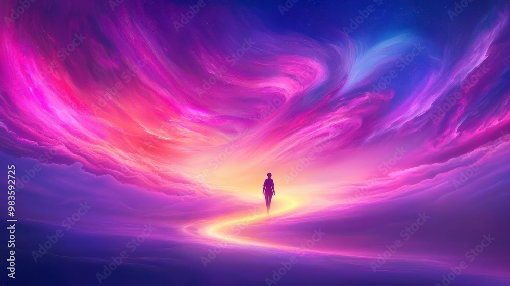 A surreal figure walking on a glowing path of color, with the sky filled with swirling, vibrant clouds A surreal figure walking on a glowing path of color, with the sky filled with swirling, vibrant clouds