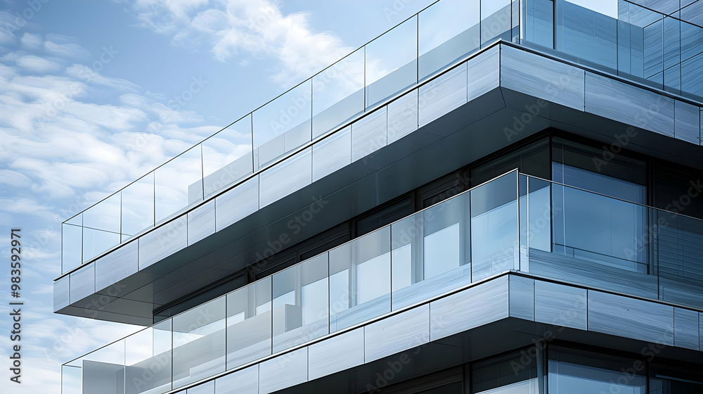 Modern building with glass balconies and a blue sky with white clouds background Modern building with glass balconies and a blue sky with white clouds background