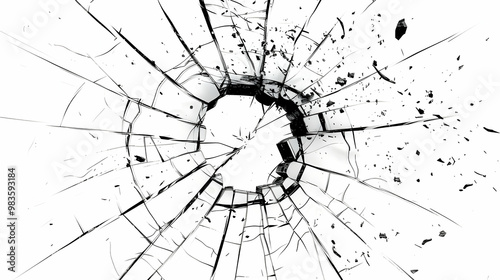A Black and White Illustration of a Shattered Window with a Circular Hole in the Center