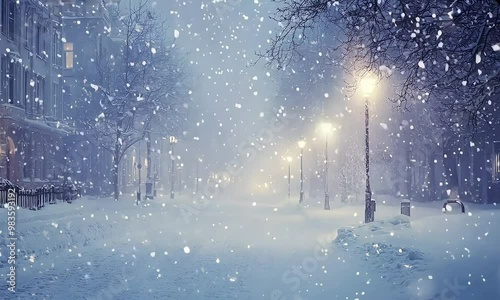 A snowstorm in a quiet city street with heavy snow falling (still camera)