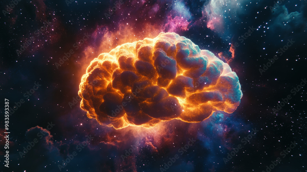 A glowing multicolored nebula in shape of human brain, surrounded by cosmic backdrop filled with stars and vibrant colors, evokes sense of wonder and curiosity about universe A glowing multicolored nebula in shape of human brain, surrounded by cosmic backdrop filled with stars and vibrant colors, evokes sense of wonder and curiosity about universe