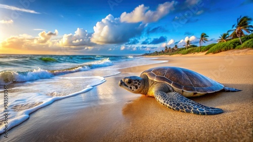 Sea turtle on sandy beach with ocean waves in the background, showcasing marine life and coastal scenery in natural sunlight during the day photo