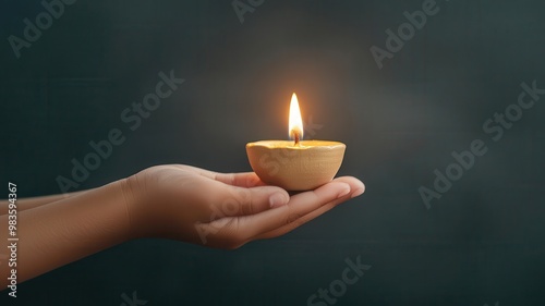 Partial shot of a child s hand holding a diya, glowing softly in a dimly lit room, child with diya, innocence of celebration