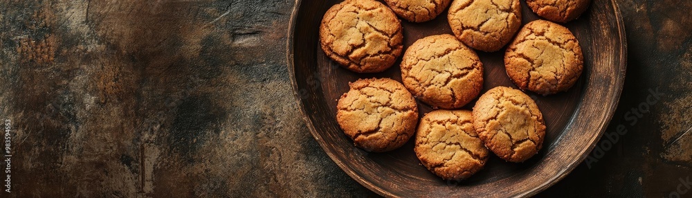 Freshly baked cookies arranged on a rustic wooden plate, perfect for a cozy dessert or snack setting. Freshly baked cookies arranged on a rustic wooden plate, perfect for a cozy dessert or snack setting.