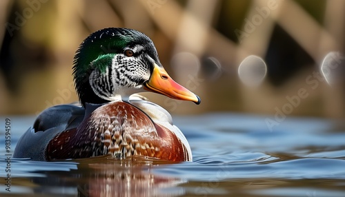 Majestic male Common Eider swimming gracefully in serene waters photo