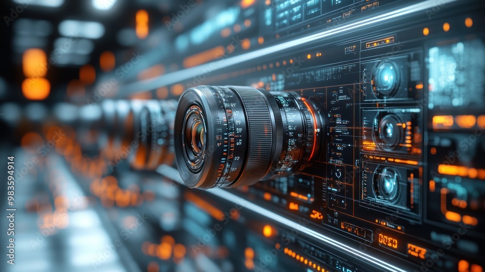 Close-up of camera lenses with a high-tech background. Close-up of camera lenses with a high-tech background.