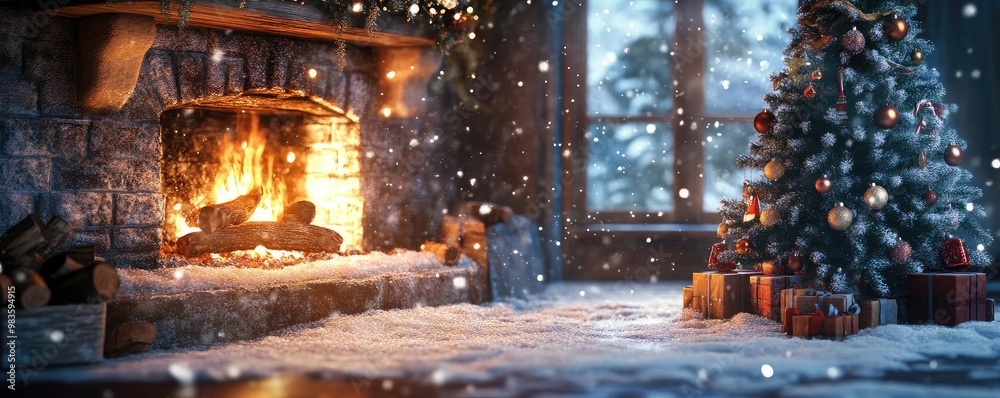 Warm and cozy holiday scene featuring a glowing fireplace, decorated Christmas tree, and gentle snowfall.