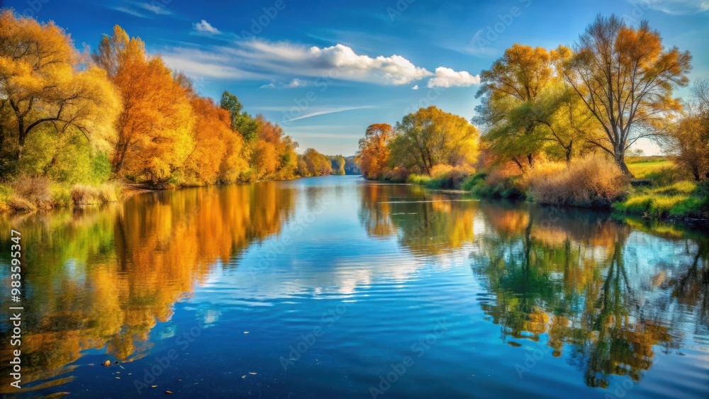 Tranquil River Scene with Clear Blue Water and Autumn Trees for Peaceful Reflection Tranquil River Scene with Clear Blue Water and Autumn Trees for Peaceful Reflection