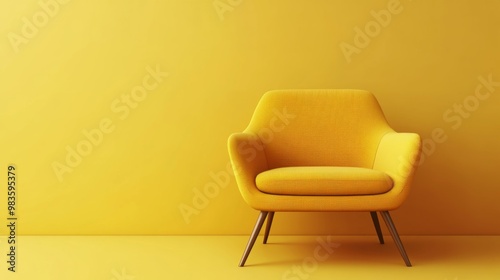 A bright yellow armchair is showcased against a matching yellow background wall, creating a vibrant and monochromatic visual aesthetic perfect for modern interiors.