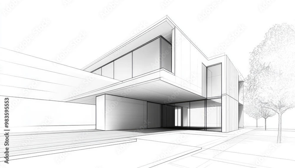 Line art depiction of architectural design for a house showcasing a 3D illustration Line art depiction of architectural design for a house showcasing a 3D illustration