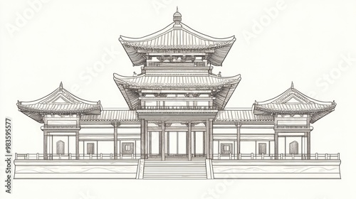 Line art illustration of a prominent temple known for its intricate design and cultural significance