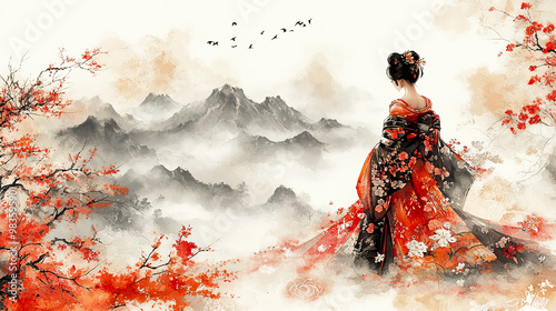oiran, sumi-e, ink painting, Japanese painting, red light district, gorgeous, beautiful, kimono, hairpin, edo period, meiji, japan, sex appeal, traditional