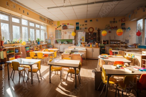 A bright and cheerful classroom with yellow chairs and tables