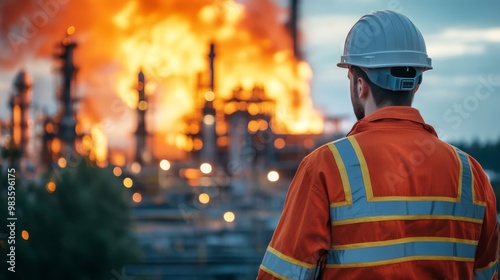 Industrial Fire Safety Worker in Hard Hat Observing Blaze at Refinery