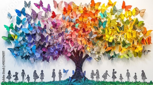 Image shows a tree made of colorful butterflies with children silhouettes playing underneath. Each butterfly is meticulously crafted in vibrant hues, conveying creativity and unity.