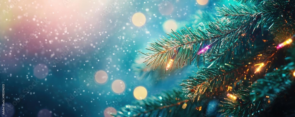 A close-up of a frosty Christmas tree branch illuminated by colorful lights, creating a festive winter atmosphere. A close-up of a frosty Christmas tree branch illuminated by colorful lights, creating a festive winter atmosphere.