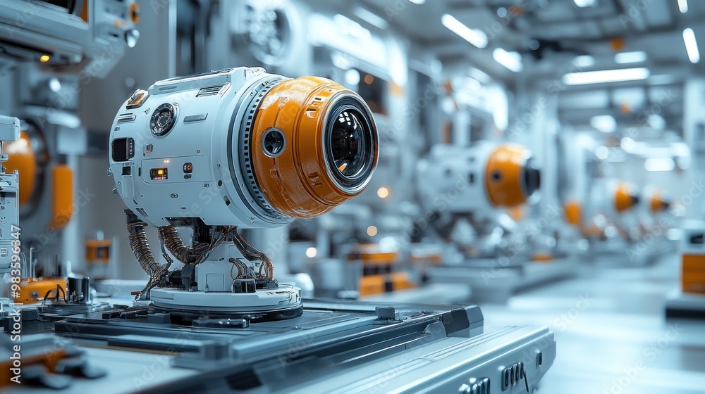 Futuristic robotic devices in a high-tech industrial setting.