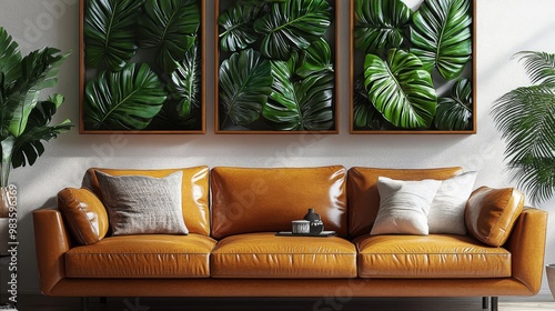 A stylish mustard-colored sofa accented with multiple pillows stands against a backdrop of lush green leafy wall art, radiating a cozy yet sophisticated living area ambiance. photo