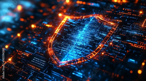 Wallpaper Mural A 3D-rendered shield with a glowing blue outline, set against a digital backdrop of binary code and network lines. The image represents the concept of cyber security and the safeguarding of Torontodigital.ca