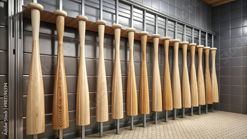 Baseball bats hanging in a locker room of a sports facility with equipment for athletes softball game equipment sports leisure sporty wood wooden brown handle equipment storage bat