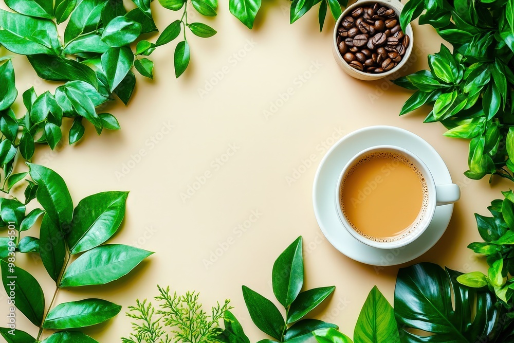 Tropical Coffee Break: A creamy latte nestled in lush greenery, inviting you to unwind and enjoy the moment. Tropical Coffee Break: A creamy latte nestled in lush greenery, inviting you to unwind and enjoy the moment.