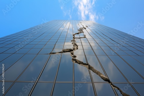 Cracked Skyscraper: A towering symbol of ambition, now shattered and vulnerable.  The glass facade, once gleaming with promise, is now a chilling testament to the fragility of progress. The deep crack photo