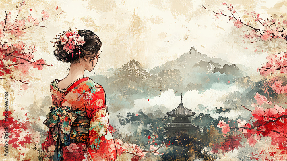 Fototapeta premium oiran, sumi-e, ink painting, Japanese painting, red light district, gorgeous, beautiful, kimono, hairpin, edo period, meiji, japan, sex appeal, traditional