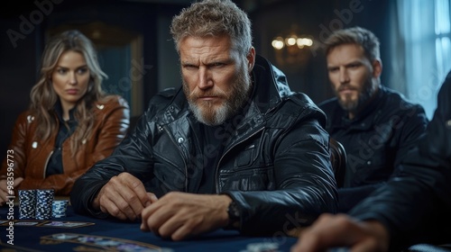 Card game intensity: Club players immersed in Texas Hold'em poker match, testing their bluffing abilities, tactical decisions in challenging, dynamic environment filled with tension and excitement.