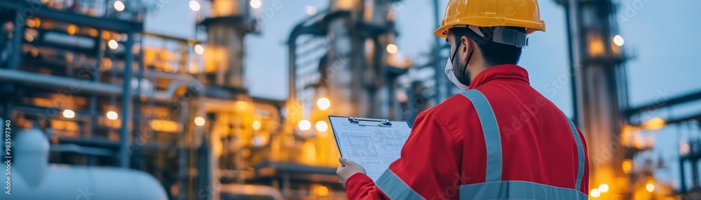 Industrial Worker with Clipboard and Safety Gear in Refinery Industrial Worker with Clipboard and Safety Gear in Refinery
