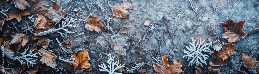 A serene winter landscape featuring frosty leaves and delicate snowflakes on a textured ground, evoking a peaceful, cold atmosphere. A serene winter landscape featuring frosty leaves and delicate snowflakes on a textured ground, evoking a peaceful, cold atmosphere.
