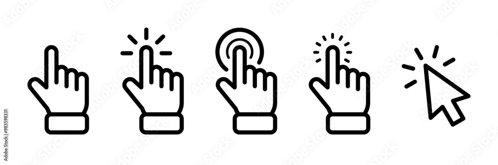 Pointer cursor сomputer mouse icon. Clicking cursor, pointing hand clicks icons. Click cursor. Vector Illustration.