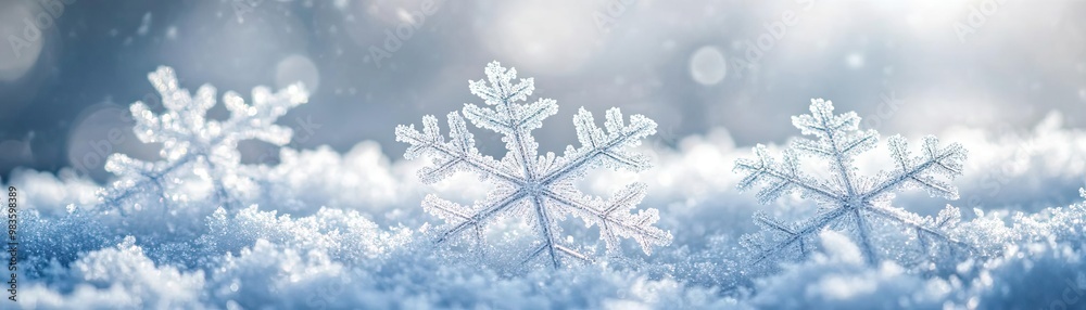 Delicate snowflakes resting on a blanket of soft snow, capturing the serene beauty of winter in a dreamy landscape. Delicate snowflakes resting on a blanket of soft snow, capturing the serene beauty of winter in a dreamy landscape.