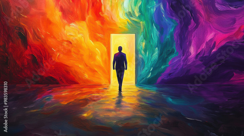 A vibrant abstract figure walks through colorful door, symbolizing transformation and new beginnings. explosion of colors evokes sense of wonder and possibility
