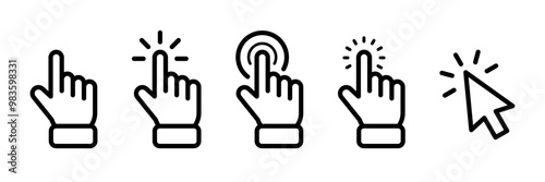 Pointer cursor сomputer mouse icon. Clicking cursor, pointing hand clicks icons. Click cursor. Vector Illustration.