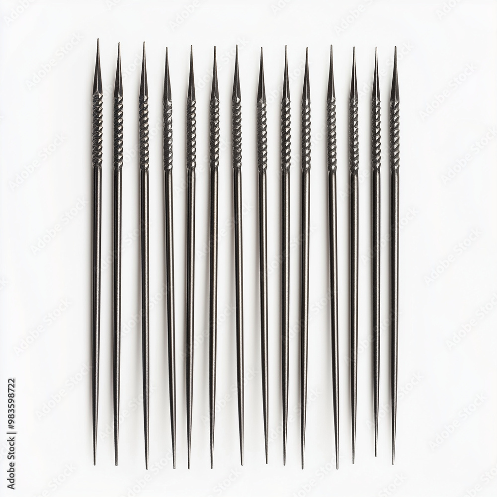 Set of Metal Skewers: Lined Up Parallel, Top-Down View for Grilling Set of Metal Skewers: Lined Up Parallel, Top-Down View for Grilling