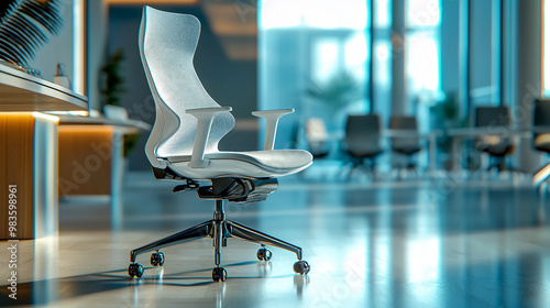 A white office chair sits in a large room with a lot of empty chairs