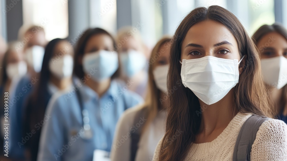 Young woman wearing face mask in a crowd Young woman wearing face mask in a crowd