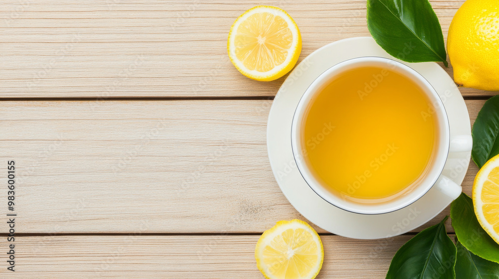 A cup of green tea with lemon wedge on side, surrounded by fresh lemon slices and green leaves, evokes refreshing and calming atmosphere A cup of green tea with lemon wedge on side, surrounded by fresh lemon slices and green leaves, evokes refreshing and calming atmosphere