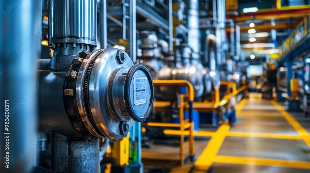 Industrial Pipe and Valve Close Up with Yellow Lines and Blurred Background Industrial Pipe and Valve Close Up with Yellow Lines and Blurred Background