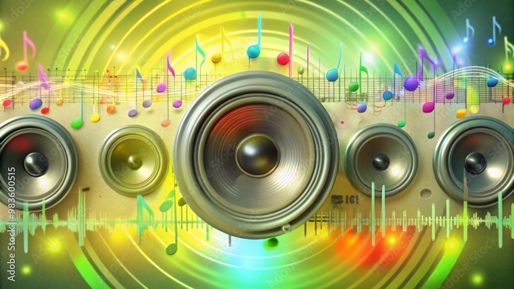 Obraz premium Five speakers with musical notes and sound waves.