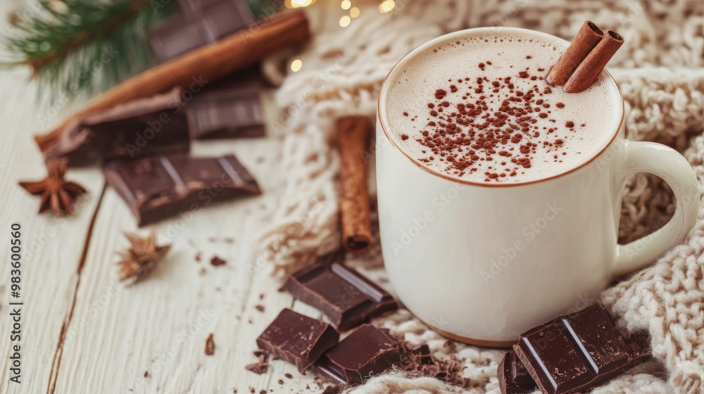 A cozy cup of hot cocoa made with dark chocolate, topped with cinnamon and cocoa powder, surrounded by chocolate pieces and festive decorations A cozy cup of hot cocoa made with dark chocolate, topped with cinnamon and cocoa powder, surrounded by chocolate pieces and festive decorations