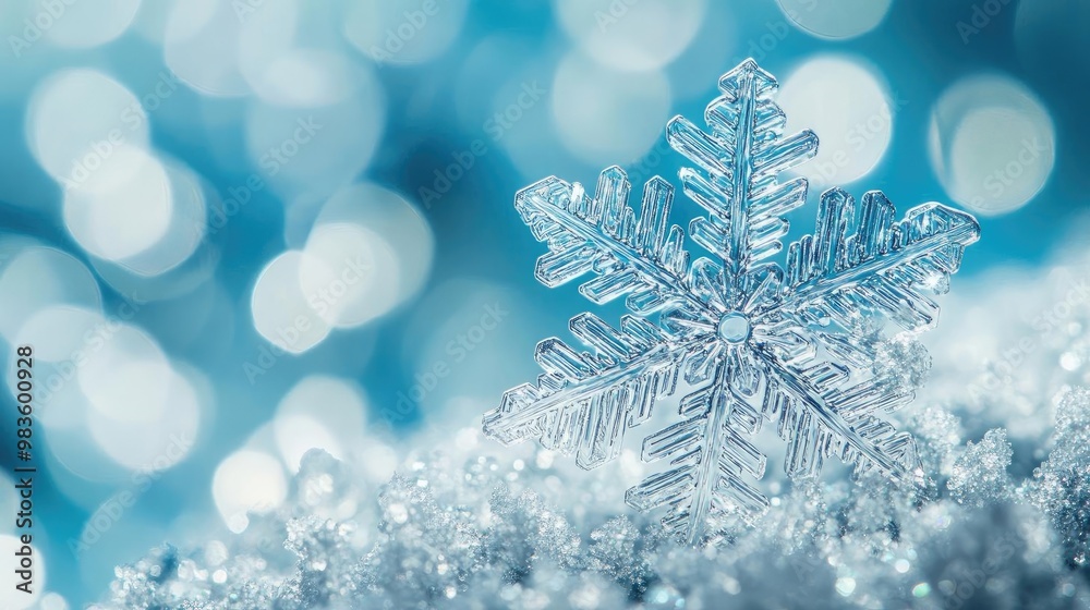 A close-up of a delicate snowflake resting on soft snow, surrounded by a shimmering blue background, capturing winter's beauty. A close-up of a delicate snowflake resting on soft snow, surrounded by a shimmering blue background, capturing winter's beauty.