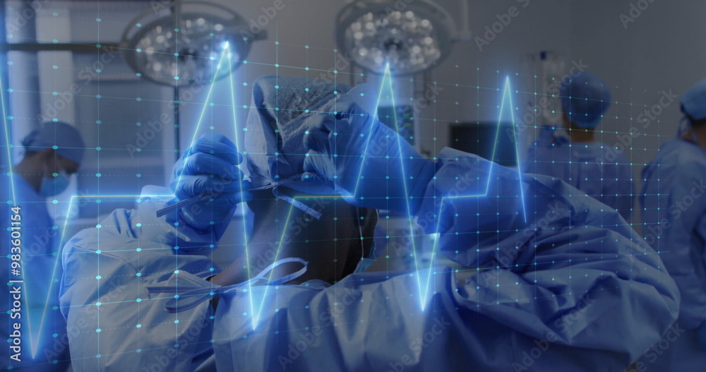 Obraz premium Medical professionals performing surgery with heartbeat image over grid background